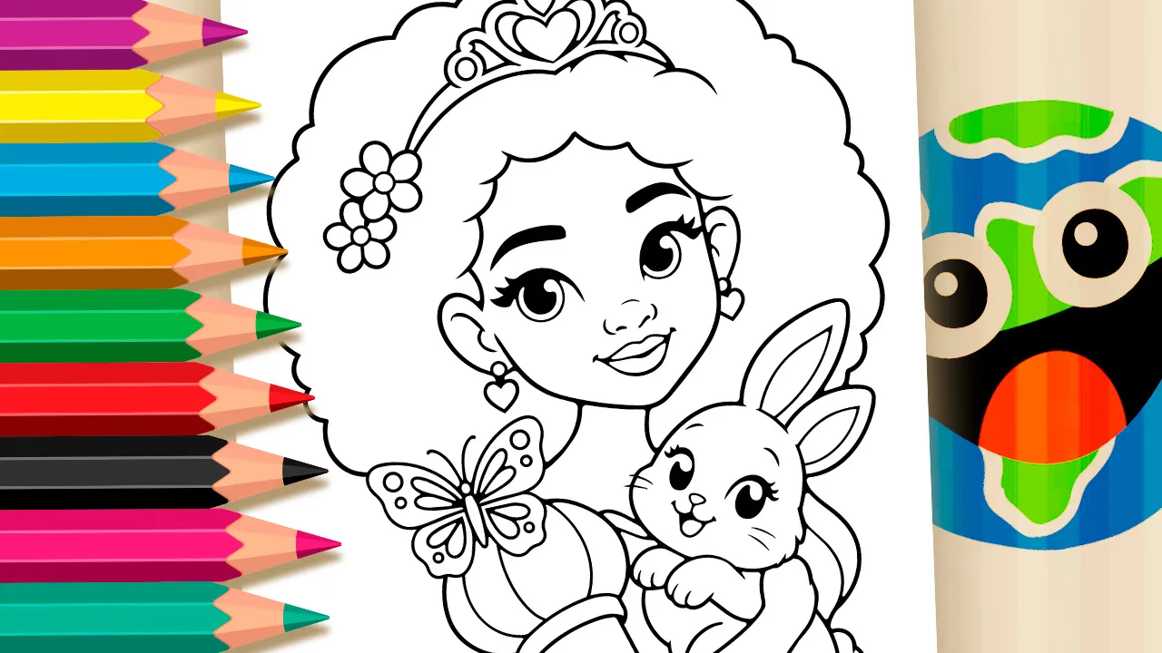 Princesa, Coelhinho e Borboleta - Desenho para imprimir e colorir