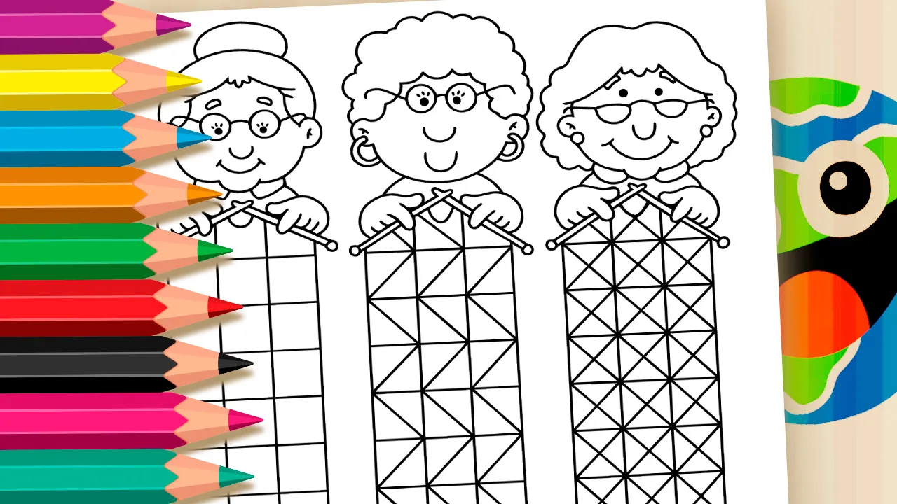 Três Vovós Tricotando - Desenho para imprimir e colorir