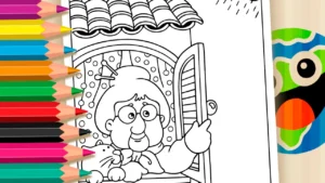 Vovó e Gatinho na Chuva para Colorir Online