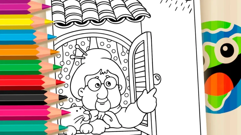 Vovó e Gatinho na Chuva para Colorir Online