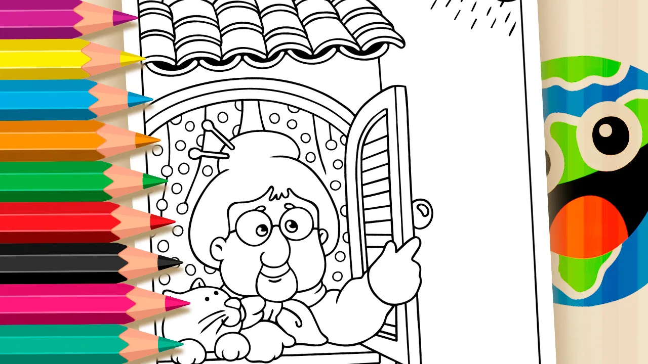 Vovó e Gatinho na Chuva - Desenho para imprimir e colorir