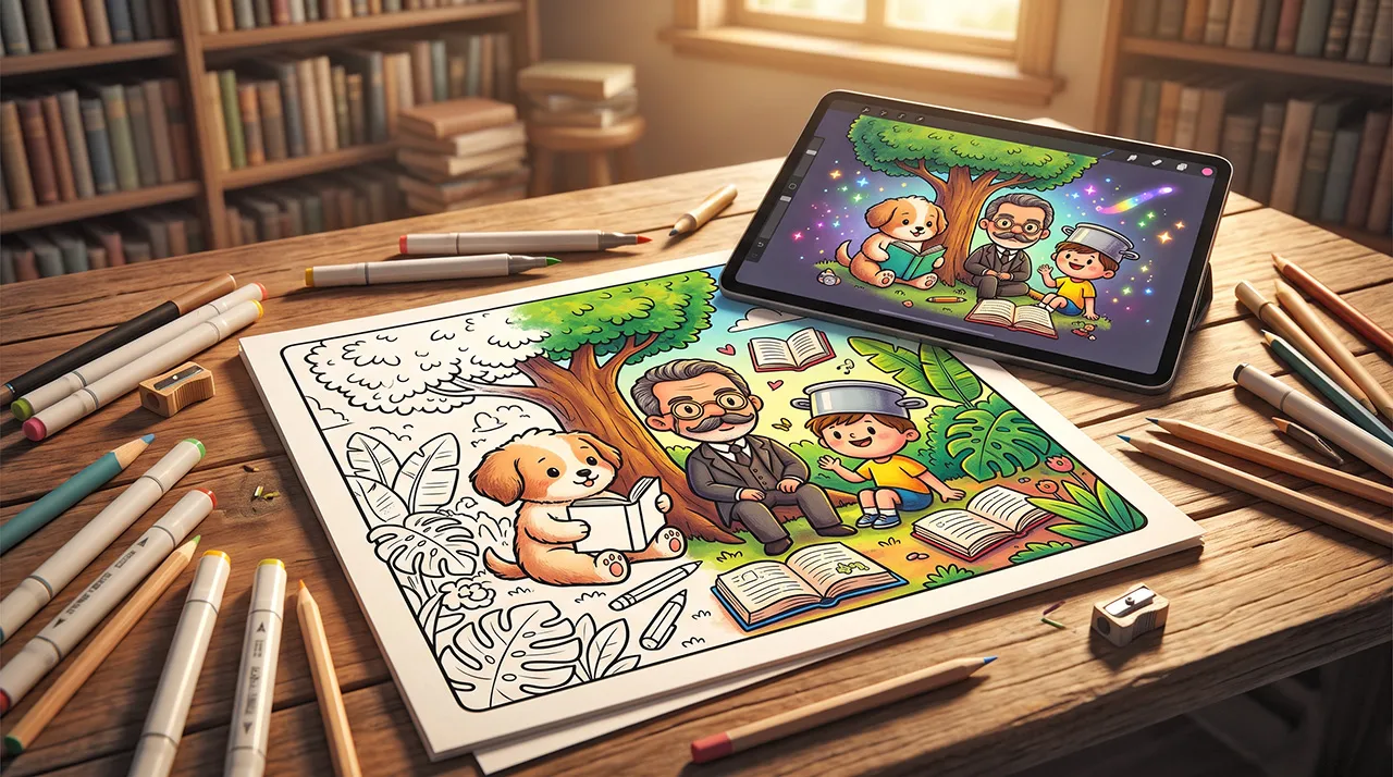 Folha de pintura em papel 180g e versão digital no tablet reunindo Machado de Assis, o Menino Maluquinho e uma cachorrinha em estilo Bobbie Goods lendo debaixo da árvore para celebrar o Dia Nacional do Livro.