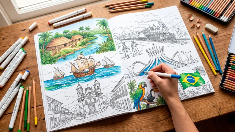 Linha do tempo ilustrada da História do Brasil em desenhos para colorir e imprimir em folha A4, acompanhada de lápis de cor e marcadores artísticos.